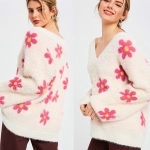 Pink Floral Print Fuzzy Pullover V-Neck Sweater